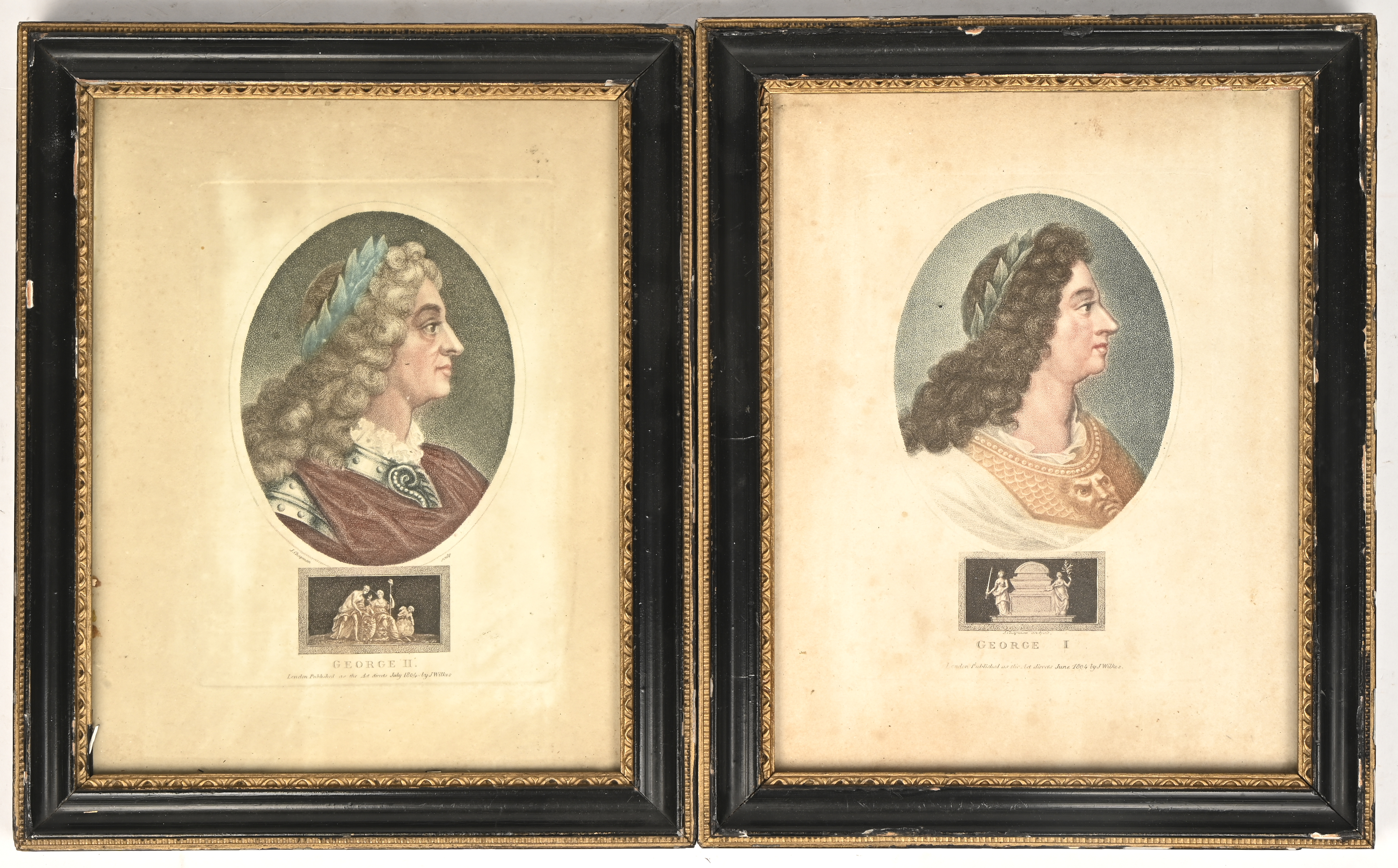 Een set van twee ingekleurde etsen met de portretten van George I & II. Gepubliceerd in 1804 door Wilkes, London Een set van twee ingekleurde etsen met de portretten van George I & II. Gepubliceerd in 1804 door Wilkes, London.