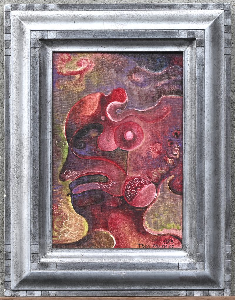 ‘Abstract portret in roodtinten’, acryl op doek. Getekend; Theo Mariëns, 1994.