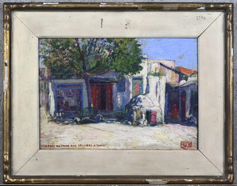 ‘L’entree du souk des selliers a Tunis’, olieverf op paneel. Getekend; F. Pycke.