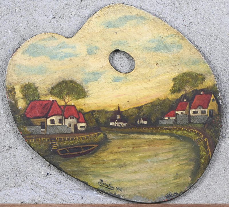 ‘Huizen aan het water’, olieverf op schilderspallet. Draagt de handtekening Bombois C. ll