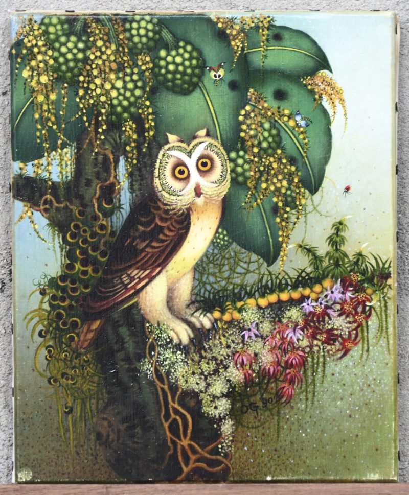 ‘Phenix n° 19’, olieverf op doek. Getekend; OG90. Op de rug; H.90 Monique Gourgaud, Phenix N° 19.