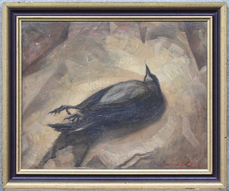 ‘Stilleven met dode spreeuw’, olieverf op doek. Getekend; E. Petit.