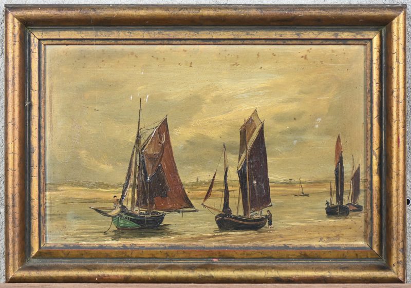 “Vissersboten op het strand”. Olieverf op paneel. Gesigneerd.