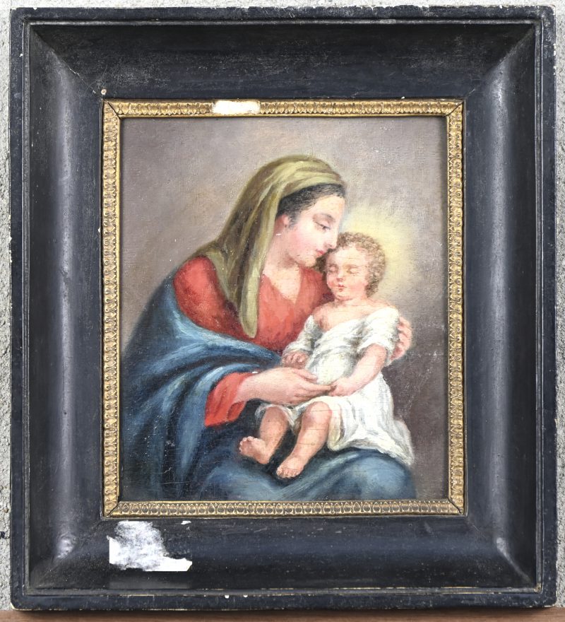 “Madonna en kind”. Olieverf op paneel. Vlaamse school van de XIXde eeuw.