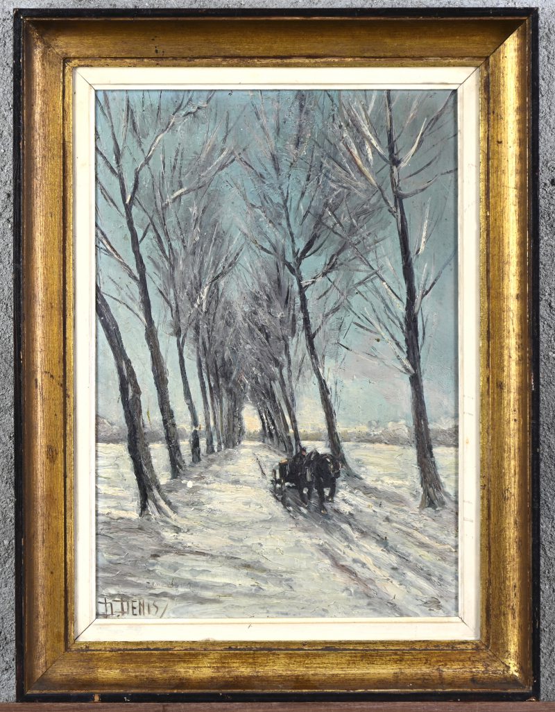 “Paardenkar op een besneeuwde landweg”. Olieverf op paneel. Gesigneerd.