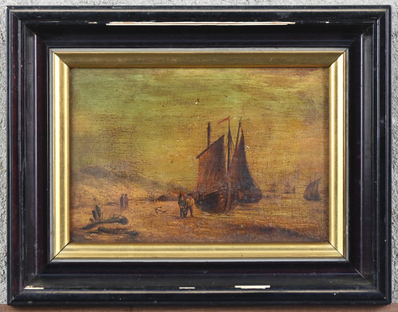 “Vissers en vissersboten op het strand”. Olieverf op paneel.