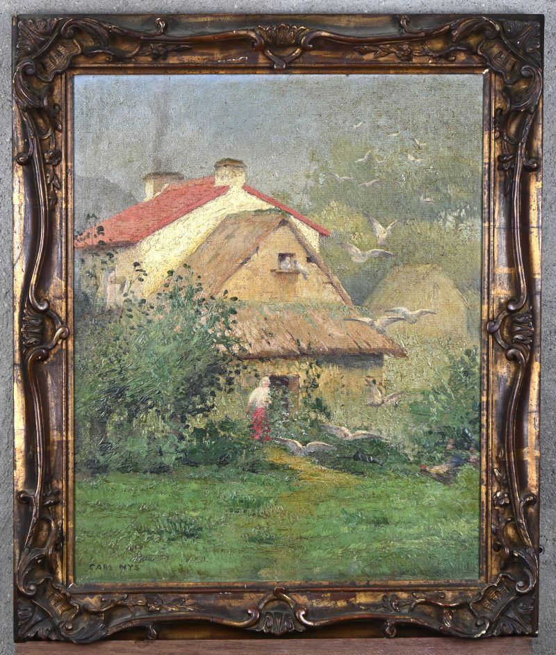 “Duiven rond de duiventil”. Olieverf op doek. Gesigneerd linksonder. Achteraan label van Service des Expositions Paris.