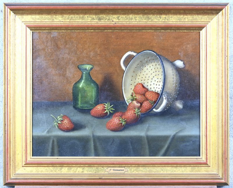 “Stilleven met aardbeien”. Olieverf op paneel. Gesigneerd.
