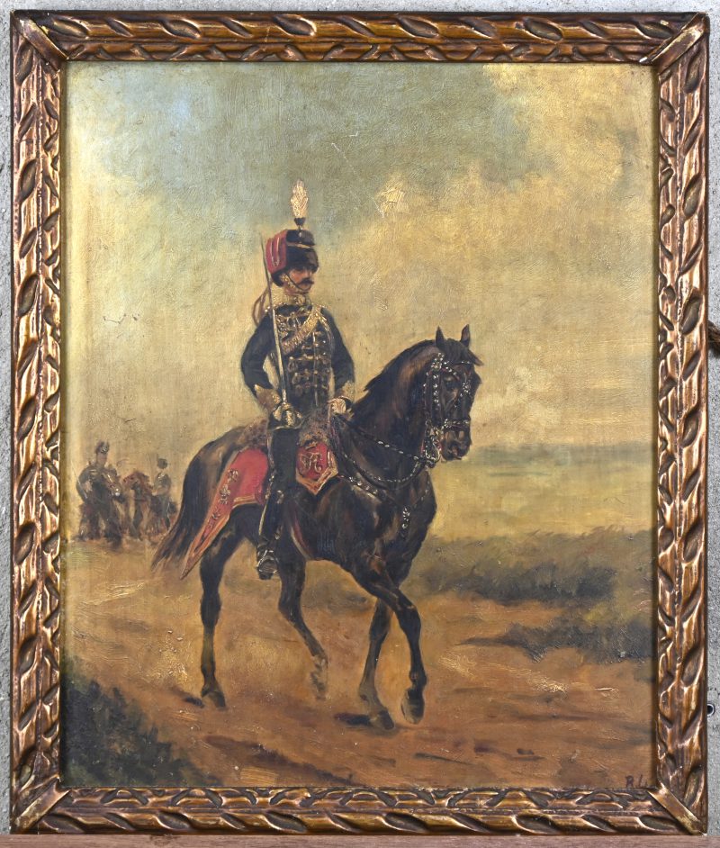 “Huzar te paard”. Olieverf op paneel. Gemonogrammeerd R.L.