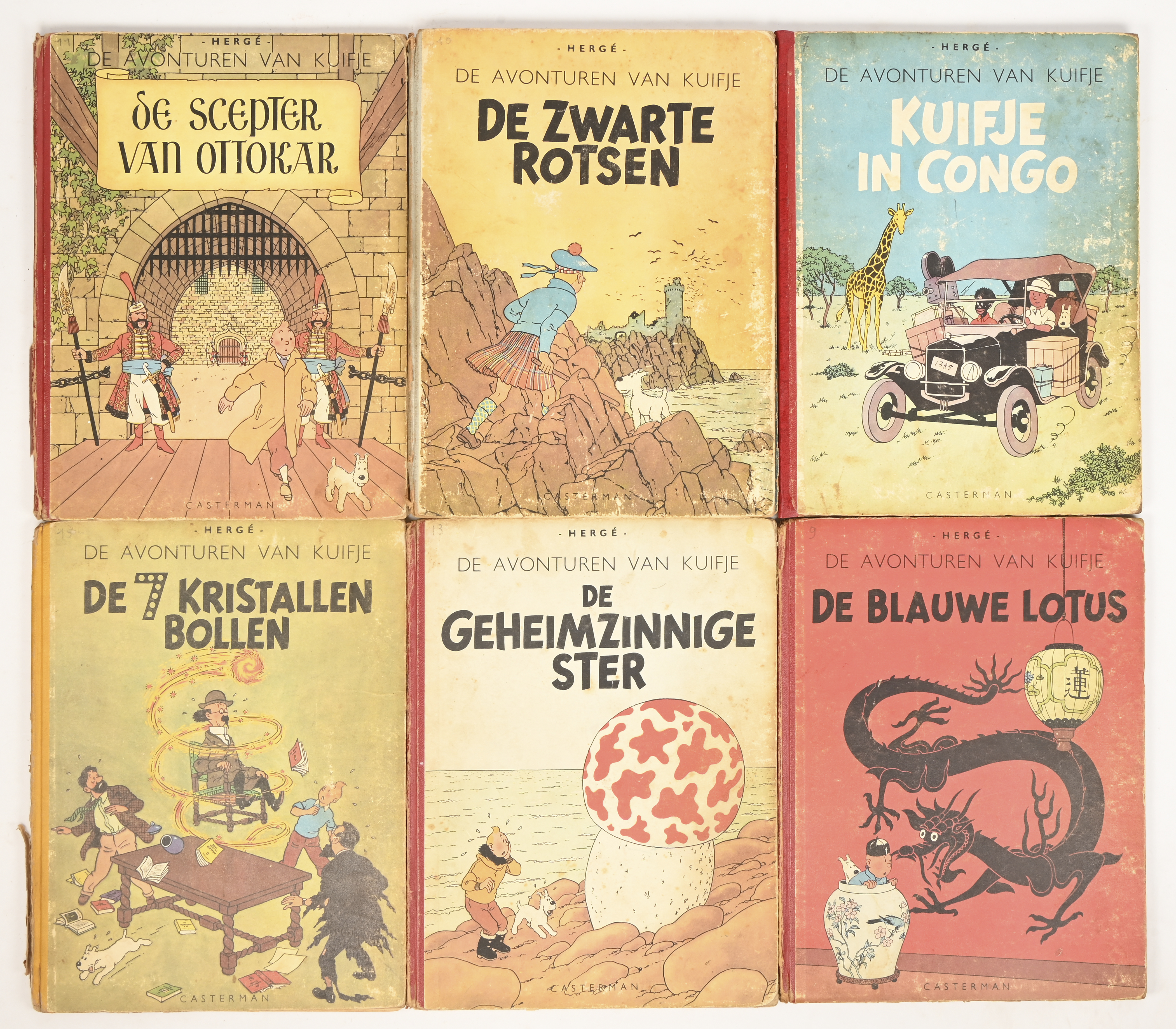 Een lot van 6 stripalbums, Kuifje in Congo en De zwarte rotsen, 1946, De scepter van Ottokar, De blauwe lotus, De geheimzinnige ster enDe 7 kristallen bollen, 1947 Een lot van 6 stripalbums, Kuifje in Congo en De zwarte rotsen, 1946, De scepter van Ottokar, De blauwe lotus, De geheimzinnige ster enDe 7 kristallen bollen, 1947.