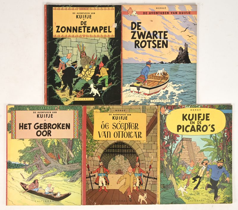 Een lot van 5 stripalbums, Kuifje en de Picaro’s, De zwarte rotsen, De scepter van Ottokar, Het gebroken oor en De zonnetempel.