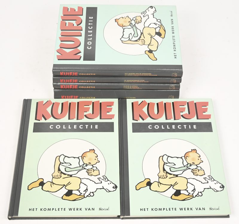 Kuifje collectie, 6 verzamelalbums: 1: Kuifje in Afrika, Kuifje in Amerike, Biografie van Hergé, 2: De geheimzinnige ster, Kuifje en het zwarte goud , Quick & Flupke, 3: Het geheim van de eenhoorn, De schat van Scharlaken Rackham, Quick & Flupke, 4: De zeven kristallen bollen, De zonnetempel, Quick & Flupke, 5: De sigaren van de farao, De blauwe lotus, Die aardige meneer Pops en 6: Mini albums, slechts 3 aanwezig: Kuifje in Congo, Kuifje in Amerika en De zwarte rotsen.