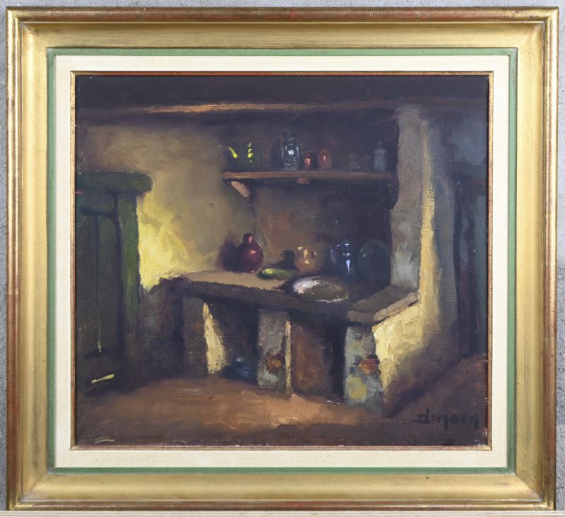 ‘Landelijke keuken’, olieverf op doek. Getekend; De Moen. Impressionistisch werk in gedempte tonen.