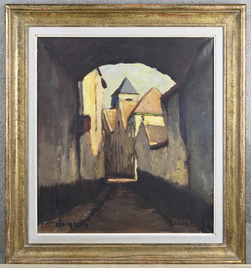‘Straatbeeld met torentje’, olieverf op doek. Getekend; De Moen. Impressionistisch werk in gedempte tonen.