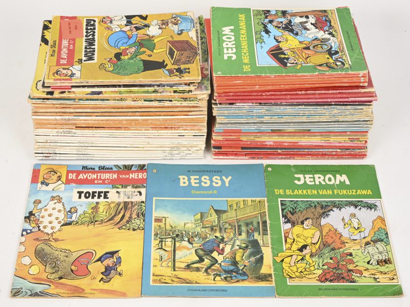 Een groot gevarieerd lot strips. Omvat albums van; Robbedoes & Kwabbernoot, Jommeke, Nero, De Geuzen, Jerom en andere.