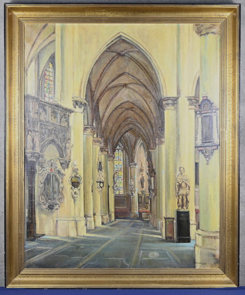 “Kerkinterieur”, een schilderij, olieverf op doek, gesigneerd J. Dieltjens.