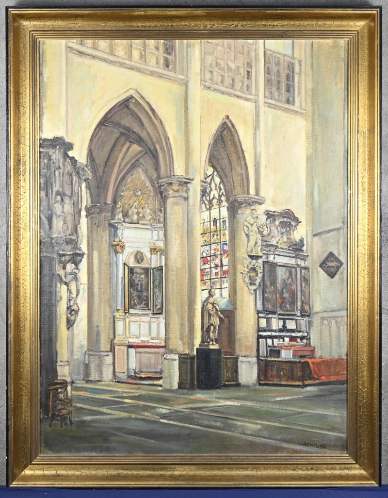 “Kerkinterieur”, een schilderij, olieverf op doek, gesigneerd J. Dieltjens.