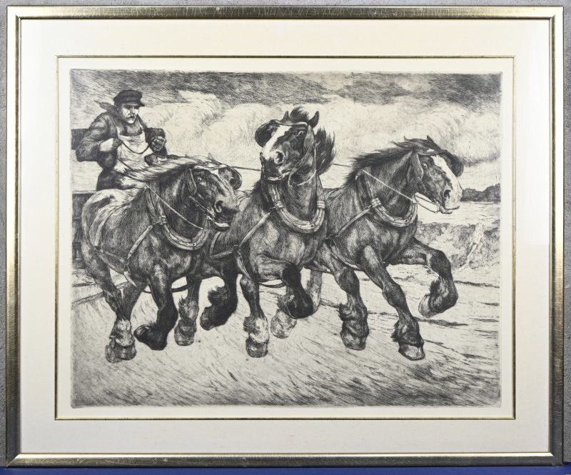 “Drie boerenpaarden”, een ets op papier, niet gesigneerd.