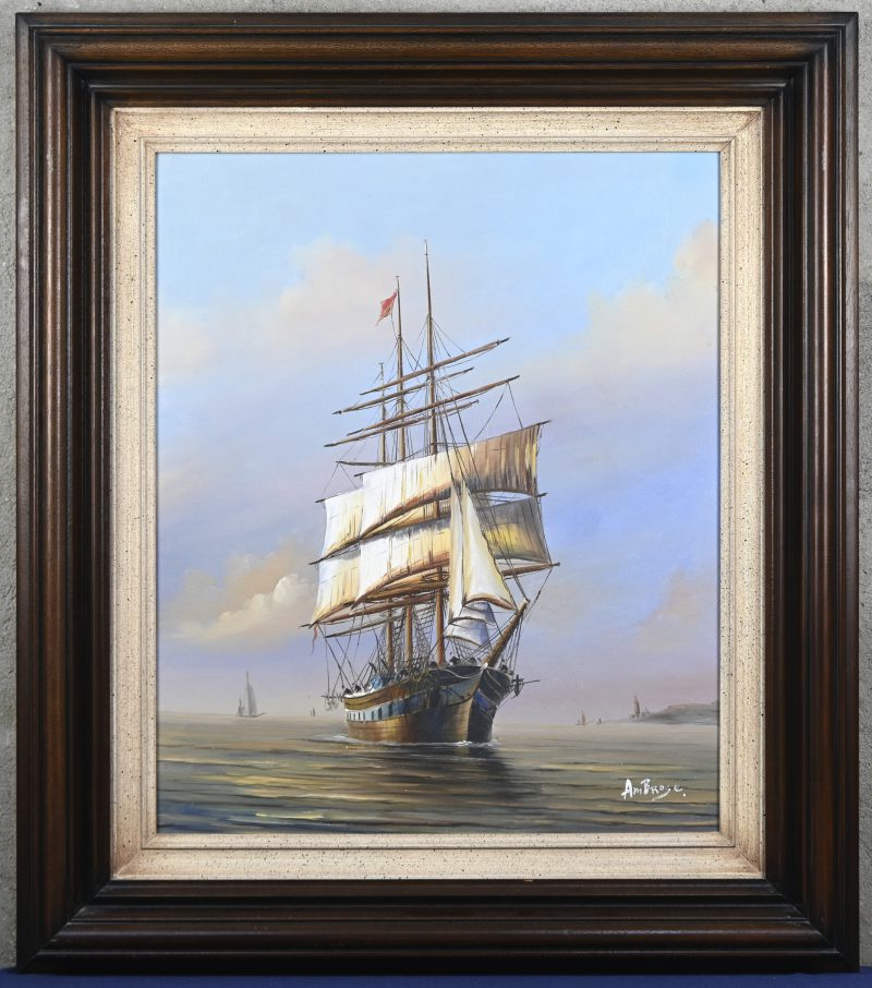 “Driemaster”, een schilderij, olieverf op doek, gesigneerd AmBrose.