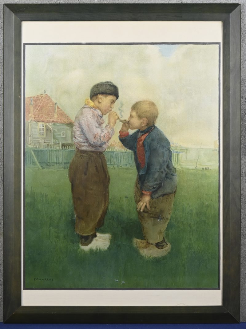 “De eerste sigaar”, een kleurenlitho op papier, getekend binnen de plaat, F. Charlet.