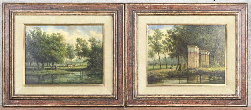 ‘Aan de kasteelpoort’, en ‘Landschap met koeien’, olieverf op paneel. Niet getekend, naar de 19e eeuw.