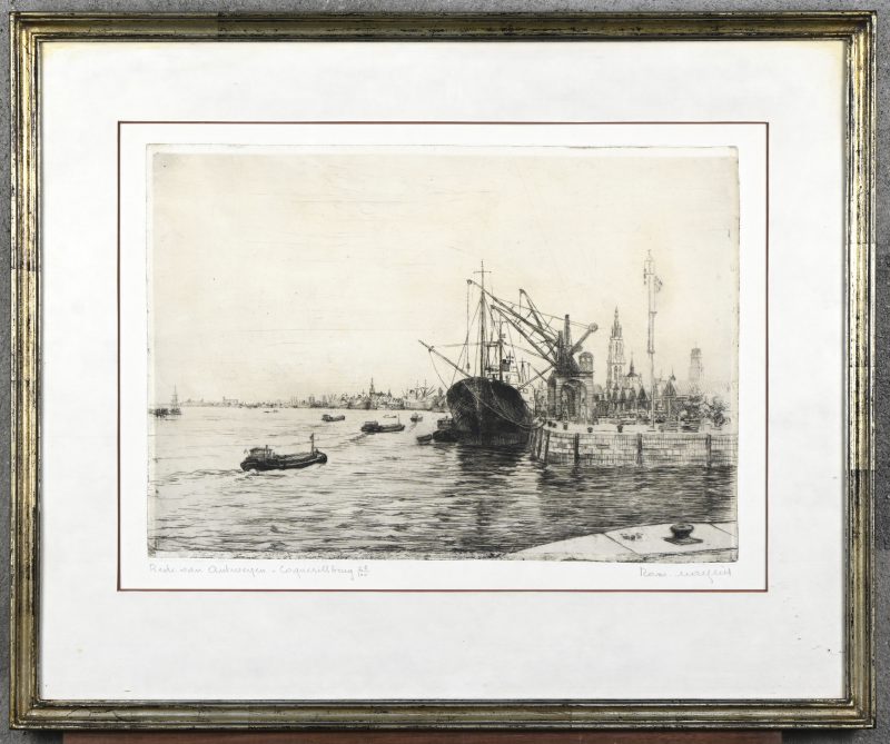 ‘Rede van Antwerpen’, ee monochrome ets. Getekend; Rom. Malfliet. Nr 27 uit een oplage van 100 exemplaren.