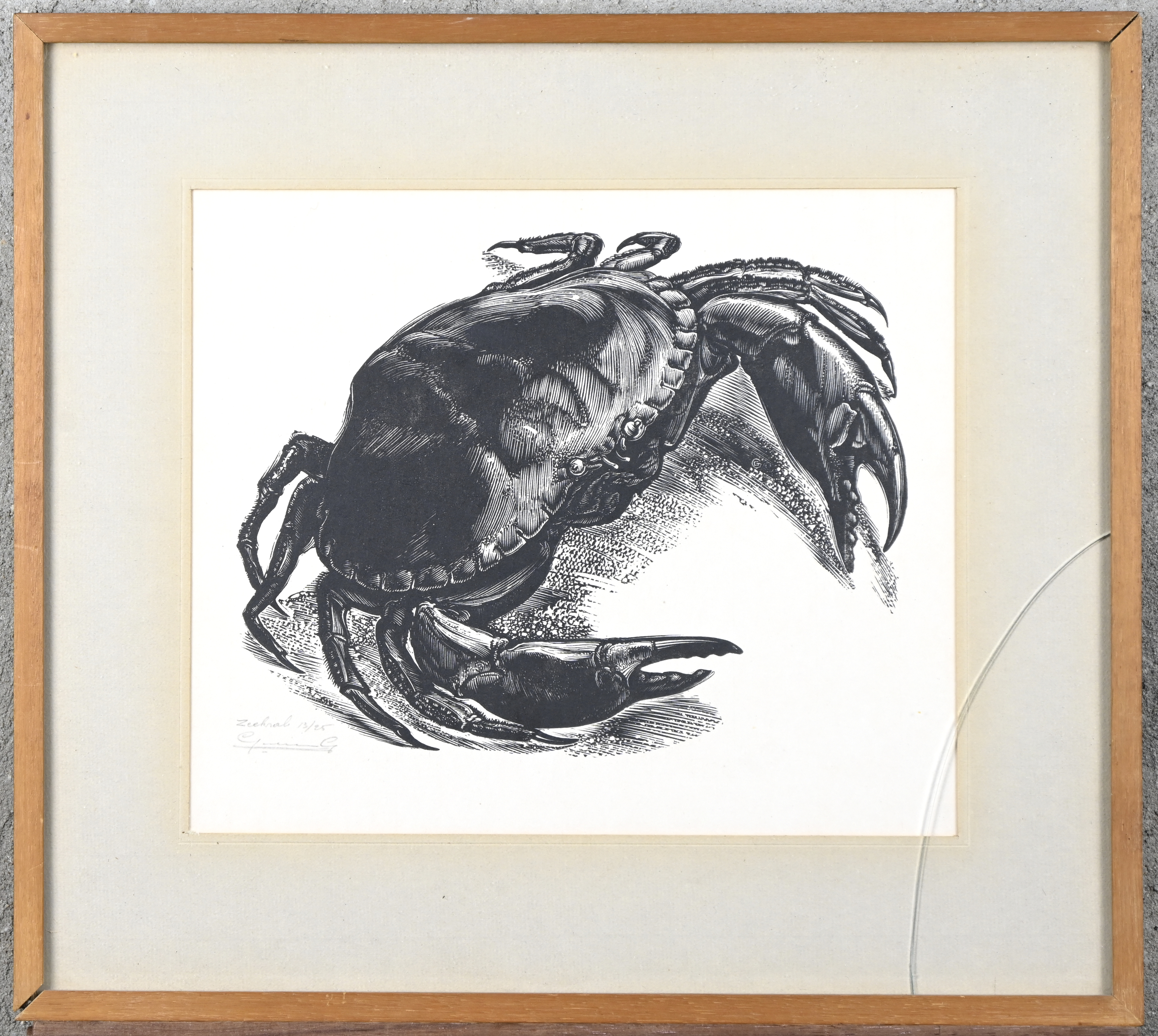 ‘Zeekrab’, een monochrome houtsnede. Getekend; Gaudaen G. Nr. 13 uit een oplage van 25 exemplaren. Het glas van de kader is gebarsten ‘Zeekrab’, een monochrome houtsnede. Getekend; Gaudaen G. Nr. 13 uit een oplage van 25 exemplaren. Het glas van de kader is gebarsten.