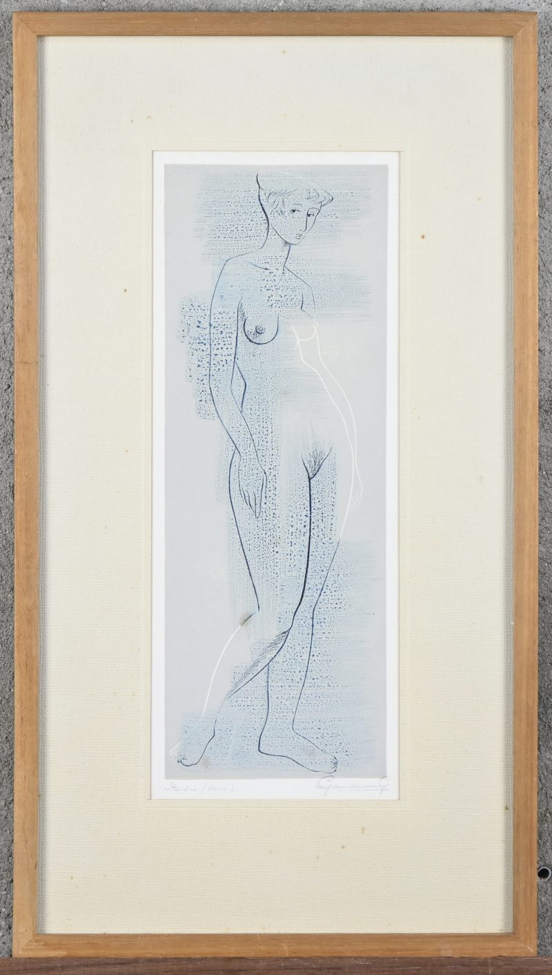 ‘Staand naakt’, gemengde grafische techniek. Getekend; Gaudaen G.