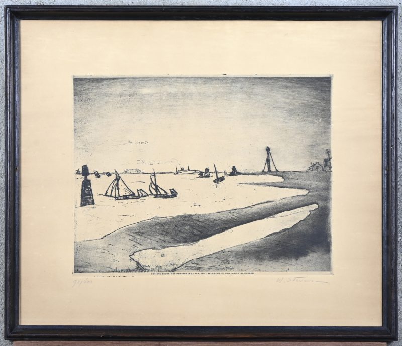 ‘Zeilschepen in de havengeul’, een monochrome ets uitgegeven door de Belgische my. der marine schilders, 1951. Getekend; W. Stevens.