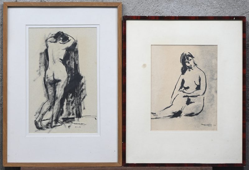 ‘Naaktstudies’, een lot van twee tekeningen in Chinese inkt. Getekend; Van Berckelaer, ‘53 en ‘54.