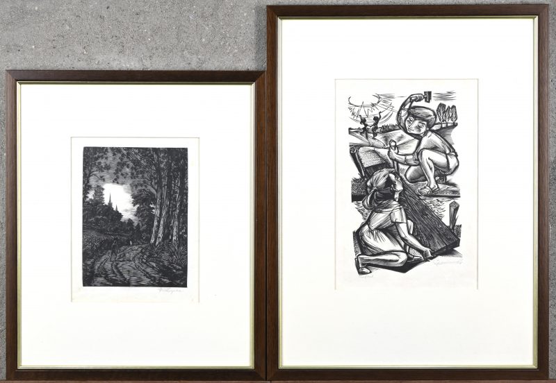 Een lot van twee monochrome houtsnedes. Gerard Goudaen en Frans Luyckx.
