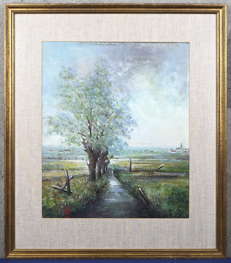 ‘Landschap met gracht en knotwilgen’, gemengde techniek op papier. Draagt het monogram H B.