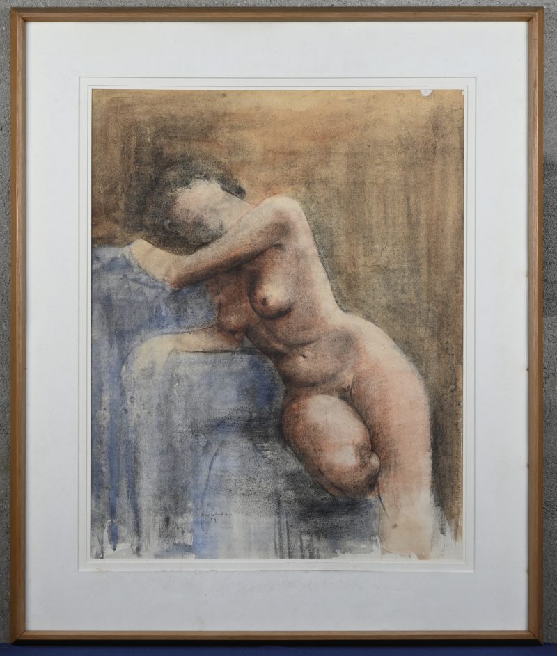 ‘Zittend naakt’, gemengde techniek op paier. Getekend; L. Walschap.