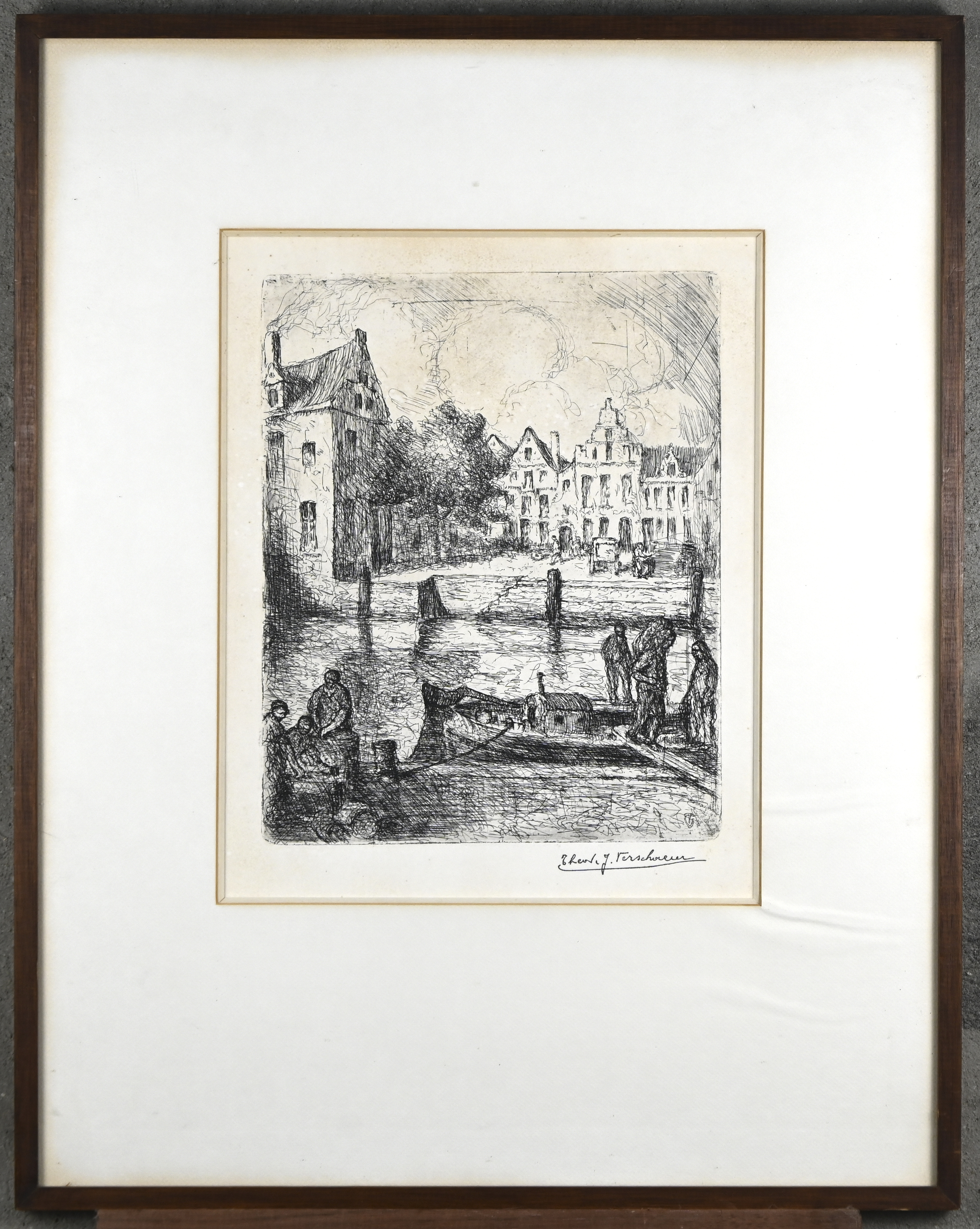 ‘Bedrijvigheid aan de kade’, een monochrome ets. Getekend; Theod. J Verschaeren. Niet genummerd ‘Bedrijvigheid aan de kade’, een monochrome ets. Getekend; Theod. J Verschaeren. Niet genummerd.