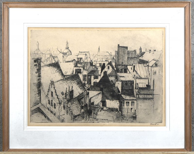 ‘Oud Antwerpen’, een monochrome ets. Getekend; Bervoets, ‘60. Niet genummerd.