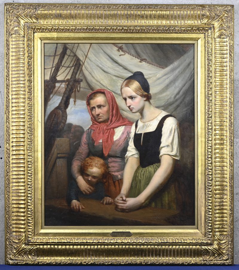 ‘Twee vrouwen met kind aan boord van een zeilschip’, olieverf op doek. Draagt een koperen schildje met de naam; Dinnewet Jozef, 1840-1889. Het werk is herdoekt.