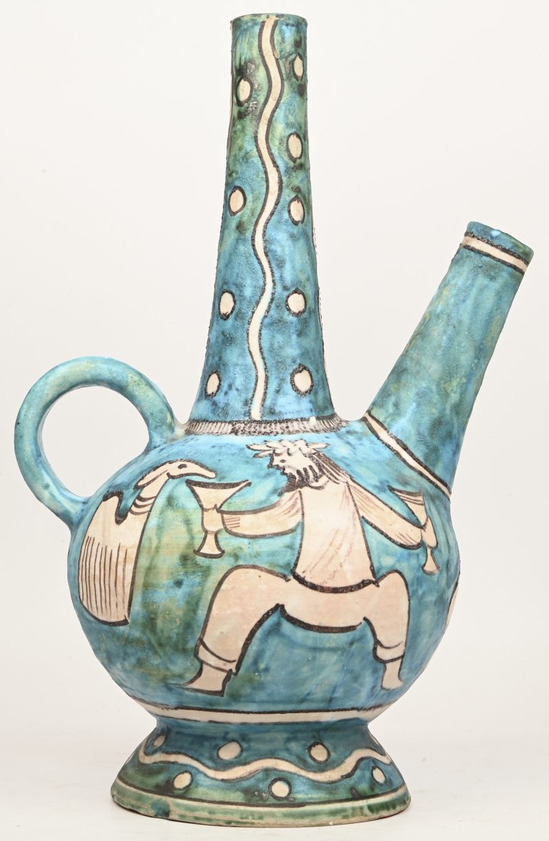 Een vintage lava-glaze vaas, met de afbeeldingen van Pan en Bachus. Getekend; Italy, 437.