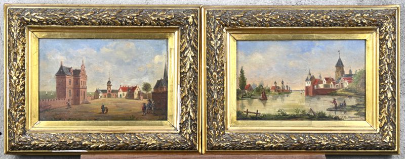 ‘Sashuis van Boom’ en ‘Het Kasteel van Boom’, olieverf op paneel. Getekend; J. B. Huysmans.