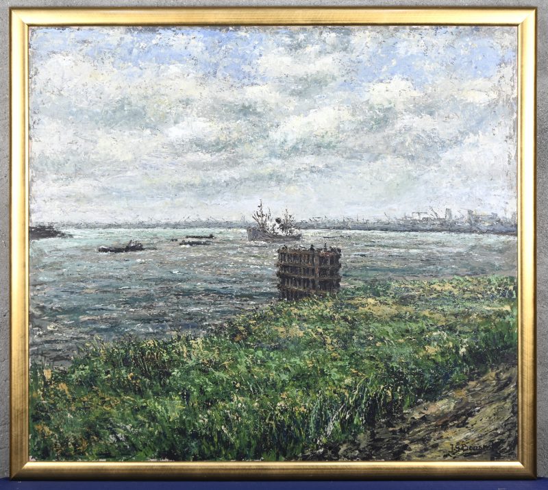 ‘Zicht op de Schelde’, olieverf op paneel. Getekend; J. G. Beernaert.