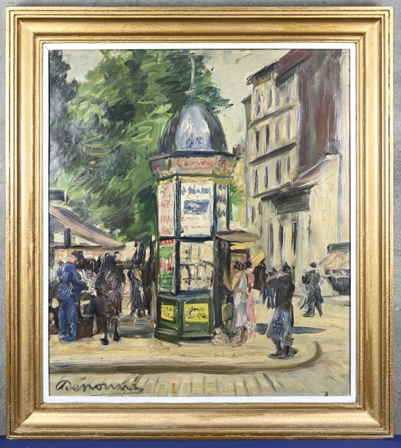 ‘Sytraatbeeld met krantenkiosk’, een impasto olieverfschilderij op doek. Getekend; Denonne.
