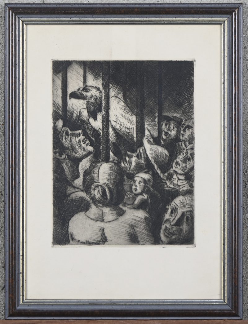 ‘l’Aigle de Distelmonde’, een monochrome ets. Getekend binnen de plaat; Frans Masereel. De ets is gemaakt voor de Contes d’Horace Van Offel, een bibliofiele uitgave met 22 kortverhalen van de auteur Horace Van Offel (Antwerpen, 1878-1944) uitgegeven door de “Editions des artistes” in Brussel in 1935.