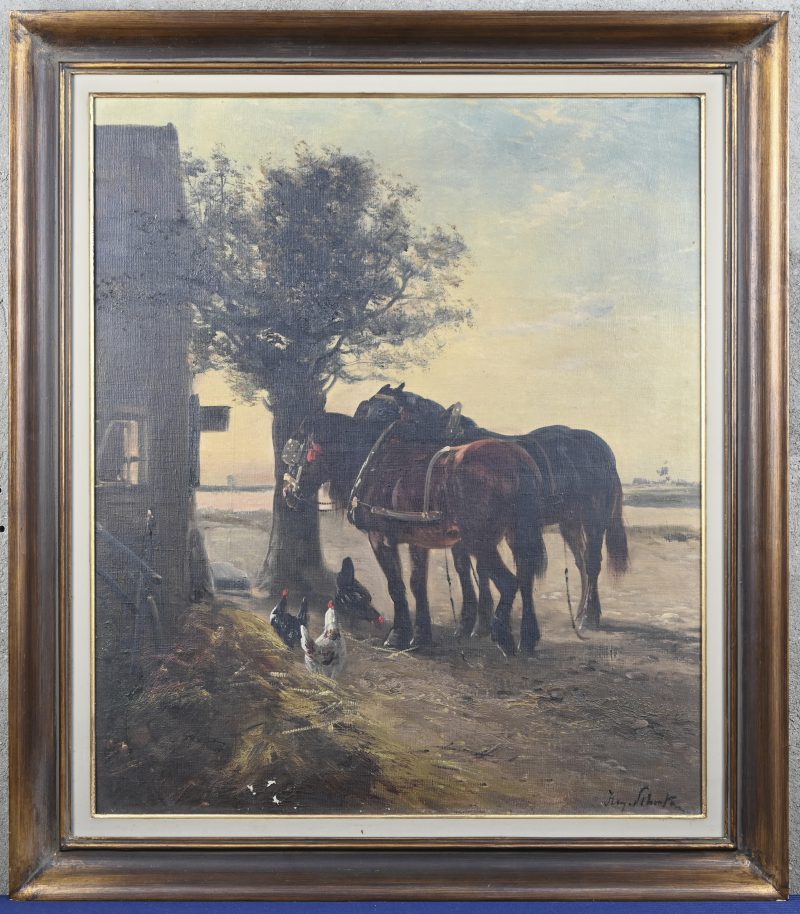 ‘Trekpaarden op het erf’, olieverf op doek. Getekend; Henry Schouten. Beetje schade aan de onderkant van het doek.