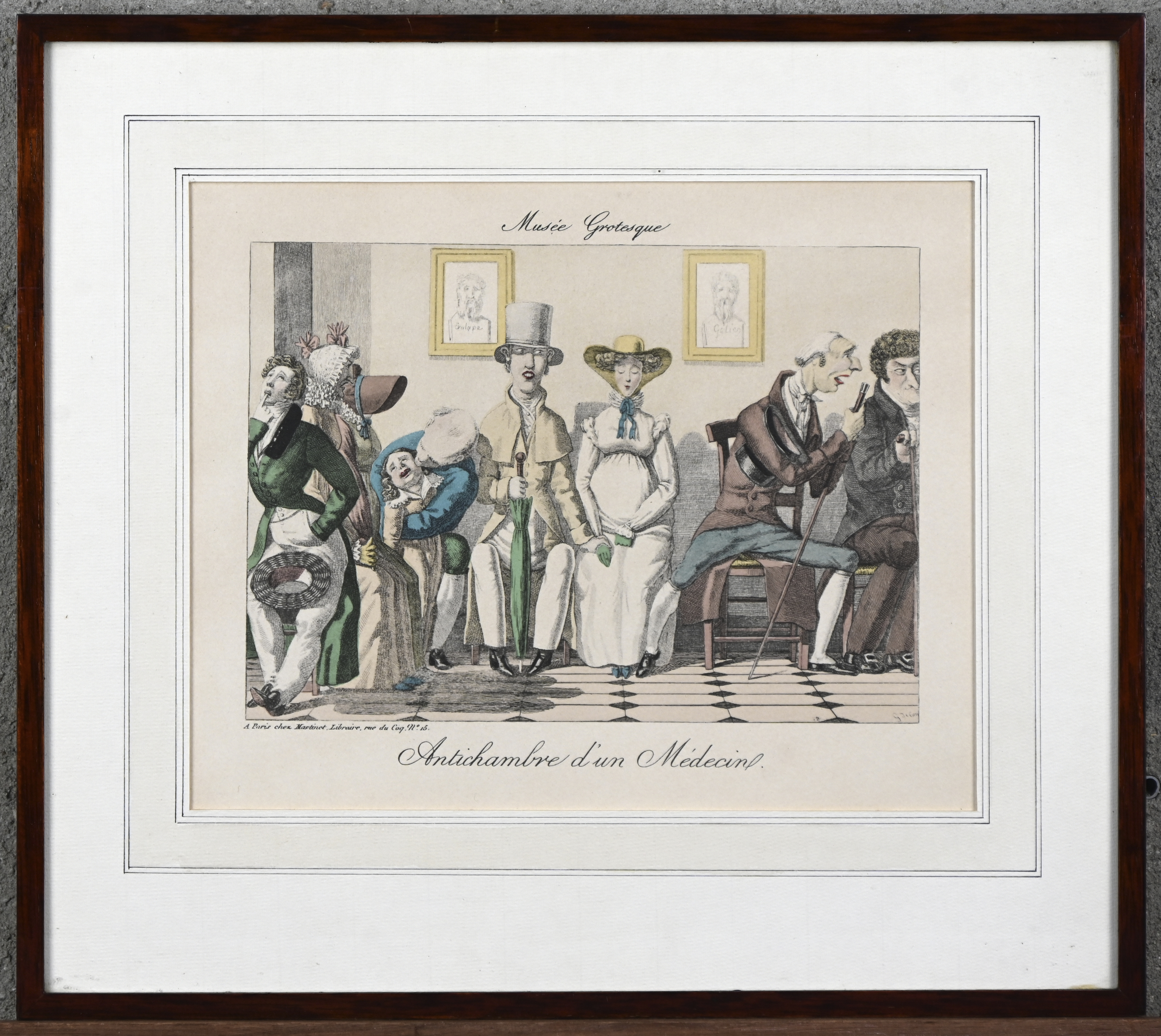 ‘Antichambre d’un medicin’, een ingekleurde 19e eeuwse litho uit de reeks; Musée Grotesque ‘Antichambre d’un medicin’, een ingekleurde 19e eeuwse litho uit de reeks; Musée Grotesque.