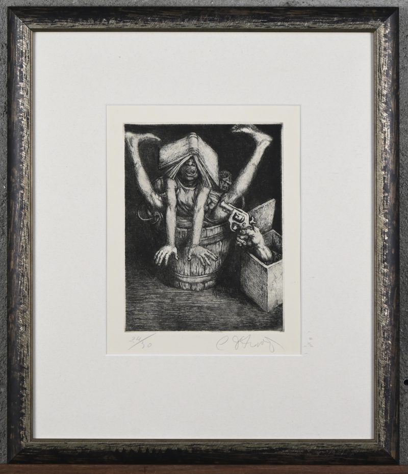 ‘Lezende man onder schot’, een monochrome ets. Onleesbaar getekend. Nr. 24 uit een oplage van 30 exemplaren.