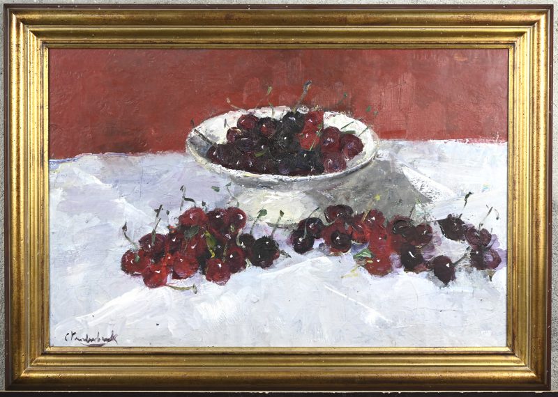 ‘Stilleven met krieken en kersen’, olieverf op doek. Getekend; C. Vanderbeek