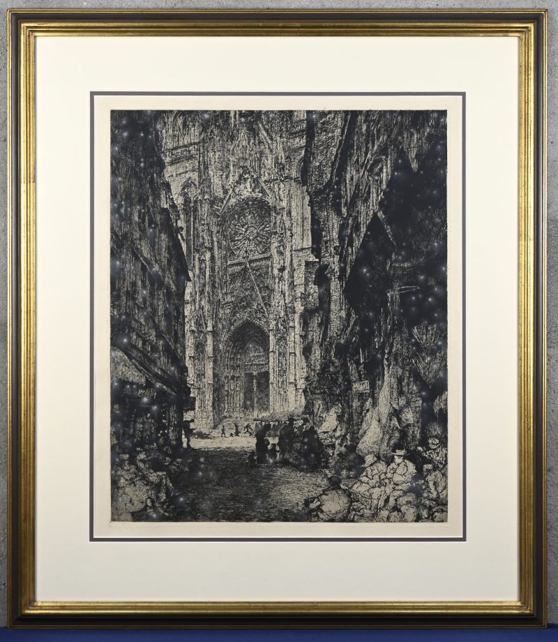 “De Kathedraal van Rouen”. Ets, niet getekend, met witte vlekjes op het papier.