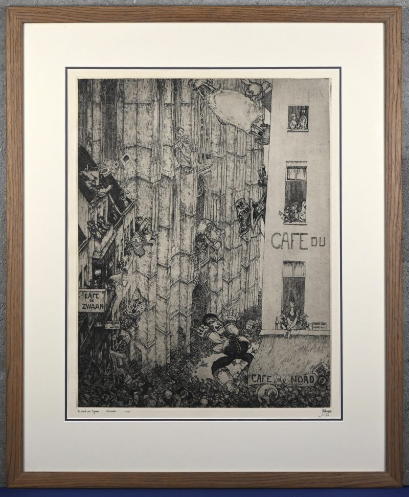 ‘De wrok van signoor’, een monochrome ets. Getekend; J. De Bruycker, 1930. 1ste staat.