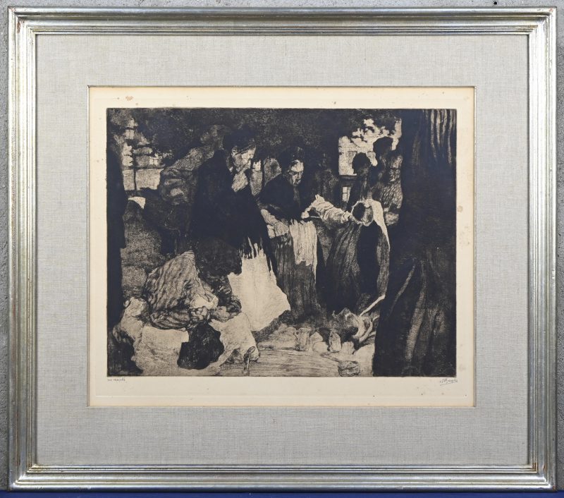 ‘Au Marche’, een monochrome ets. Getekend; J. De Bruycker.