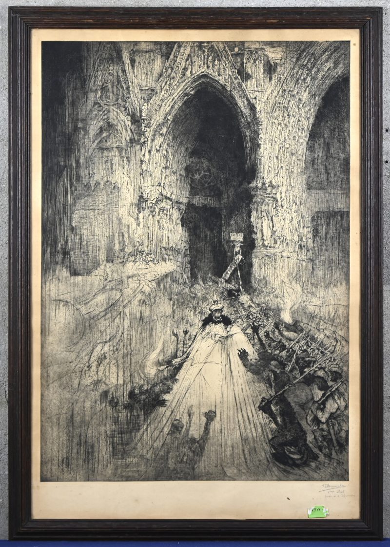 ‘Kultur, allegorie op de eerste wereldoorlog’, een monochrome ets. Getekend; J. De Bruycker. 2e staat, gedrukt op twee exemplaren.