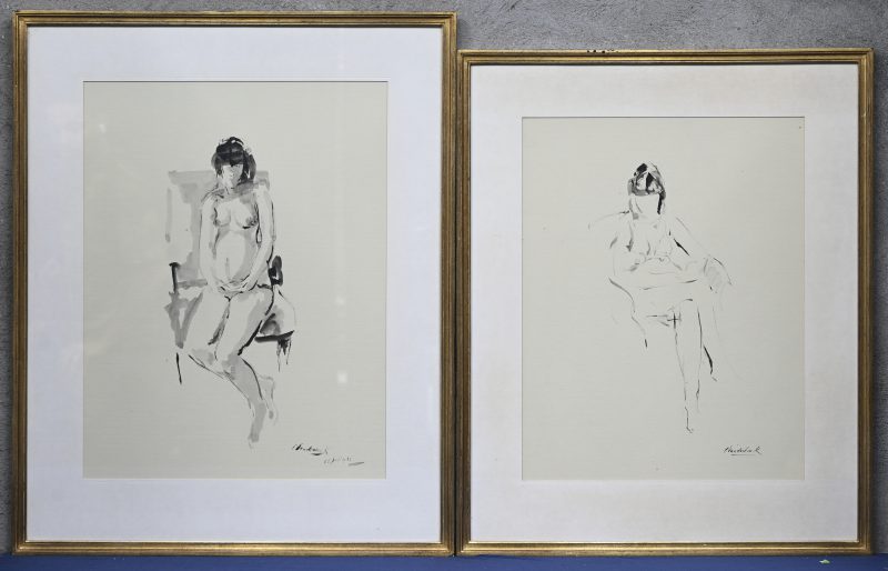 ‘Naaktstudies’, gewassen inkt op papier. Een set van twee tekeningen naar model. Getekend; C. Vanderbeek.